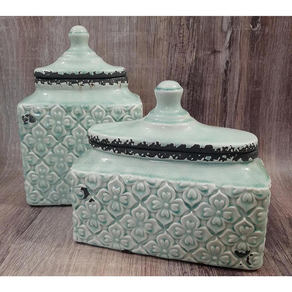 Set of 2 Beautiful Light Blue Rustic Style Embossed Heavy Decorative Canisters